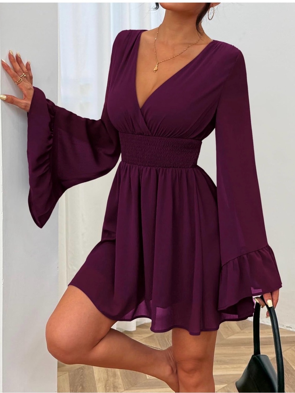 Plum Chiffon Bell Sleeve V Neck Mini Dress NWOT L